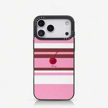 1pc Minimalist Striped Cherry Pattern Phone Case, Compatible With Phone 16 Pro Max, 15 Pro Max, 14 Pro Max, Korean-Style High-End Fashion Fun Phone Case, Shockproof Anti-Drop Frame, 2-In-1 Hard Shell Back Cover, Compatible With 17/18/17Pro/17Promax/11/12/13/14/15/16 Pro Max Plus, Elegant Design Suitable For Men And Women, Perfect Gift For Girlfriend On Christmas, Valentine's Day, Easter, Wedding Season And Birthday! - Multicolor - View 1