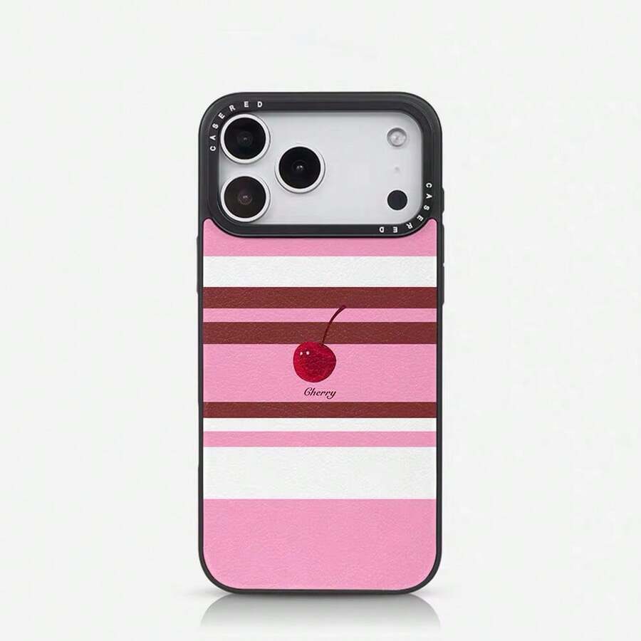 1pc Minimalist Striped Cherry Pattern Phone Case, Compatible With Phone 16 Pro Max, 15 Pro Max, 14 Pro Max, Korean-Style High-End Fashion Fun Phone Case, Shockproof Anti-Drop Frame, 2-In-1 Hard Shell Back Cover, Compatible With 17/18/17Pro/17Promax/11/12/13/14/15/16 Pro Max Plus, Elegant Design Suitable For Men And Women, Perfect Gift For Girlfriend On Christmas, Valentine's Day, Easter, Wedding Season And Birthday! - Multicolor - View 1