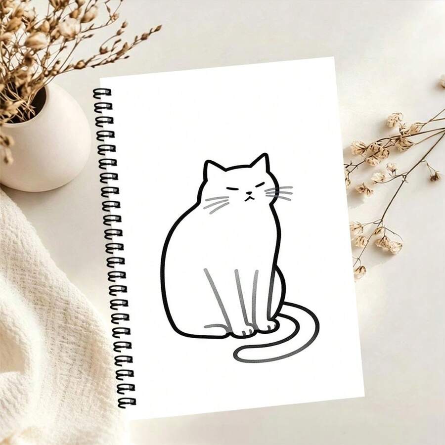 1pc A5 Spiral Notebook With Lazy Cat Line Drawing Pattern, Minimalist Ins Style Student Writing Notebook, School Supplies, Office Note-Taking Essential, Back To School Must-Have - A - View 1