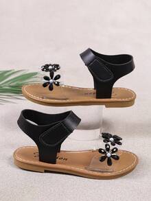 Cute Girls' Black 3D Flower Sandals, Criss-Cross Elastic Ankle Strap, Open Toe Kids' Summer Shoes, Suitable For Party, Daily, Vacation - Black - View 6