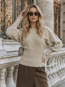 NiceArt Women's Fall Winter Khaki Minimal Knit Top, Crew Neck Cable Knit Raglan Lantern Sleeve Sweater With Ribbed Waist For Daily & Office Wear - Khaki - View 8