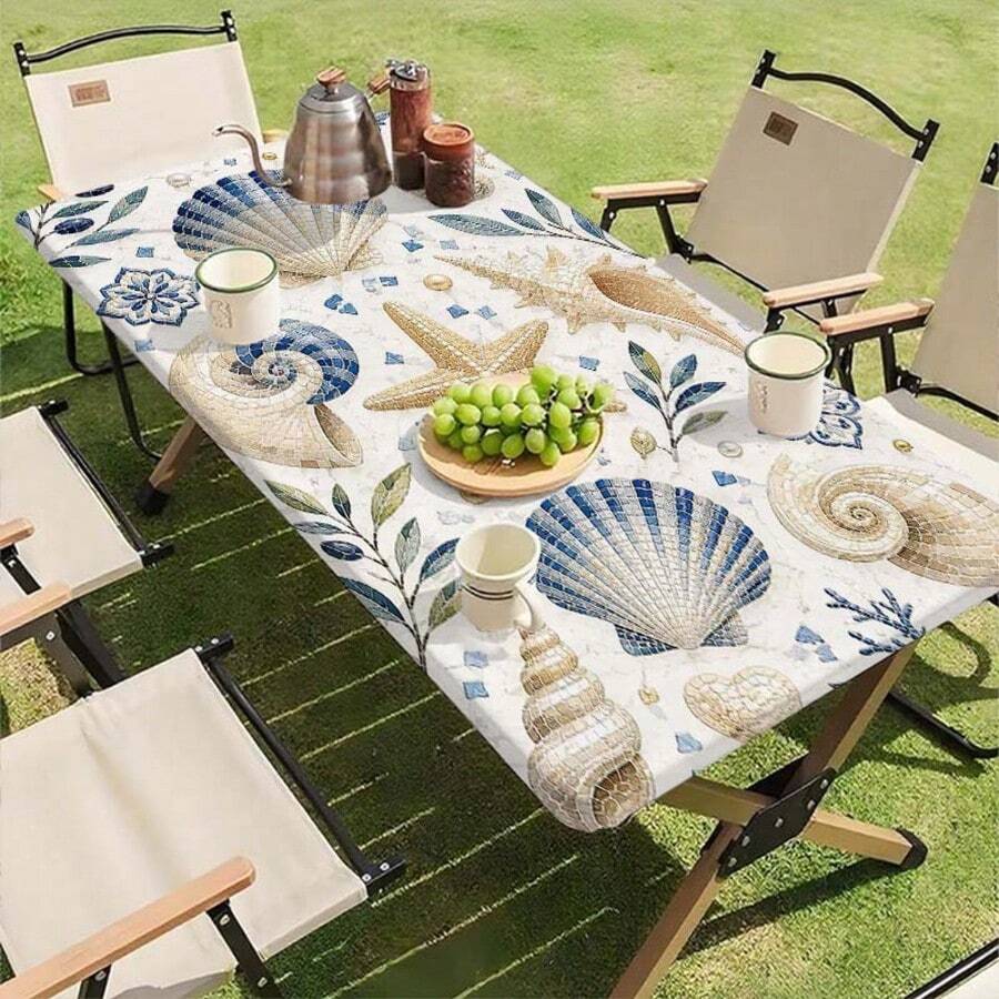 1pc 2D Flat Print Elastic Round Tablecloth - Ocean Waves And Shell Pattern - Elastic Tablecloth - Starfish And Shell Design - Suitable For Kitchen And Dining Room Beach Theme Decor - A - View 1