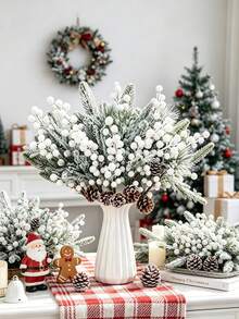 1/3pcs Artificial Red Berry Pine Branches, Faux Plants, Suitable For Christmas Decoration, Christmas Home Decor, Wedding Decoration, Table Centerpiece, Back To School Season, Gifts For Girls - White - View 7
