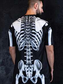 Playera negra unisex manga corta, estampado full print de esqueleto morado metálico en espalda y mangas, estilo cyberpunk gótico Halloween Fiestas del Día de Muertos Camiseta cuello circular - Negro - Ver 7