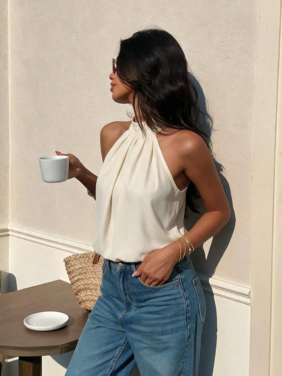 1pc Woven Fabric Elegant Women's Blouse, Suitable For Dates, Holidays, And Everyday Wear Summer - Apricot - View 1