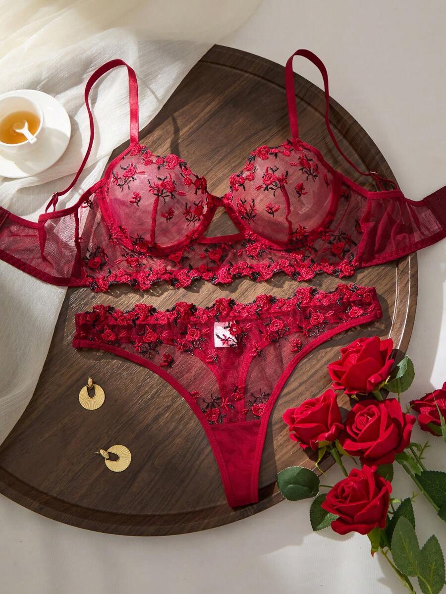 Red Butterfly Embroidery Sheer Mesh Lingerie Set,Adjustable Thin Strap Underwire Bra Strappy Waist Decor Semi-Transparent Matching Thong - Red - View 1