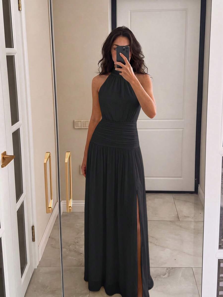 Elegant Black Halter Ruched Waist Backless Mesh Maxi Dress, Perfect For Beach Vacation, Going Out Wear, Summer Party, Graduation - Black - View 1