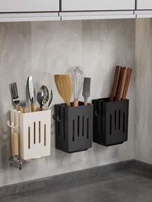 Wall-Mounted Kitchen Utensil Storage Rack, No-Drill Adhesive Chopstick Holder With Side Hooks, Hanging Cutlery Storage Container, Suitable For Kitchen Countertop And Wall, Wall-Mounted Silverware Storage Rack, Kitchen Wall Storage Basket, Ventilated Utensil Rack - Multicolor - View 9