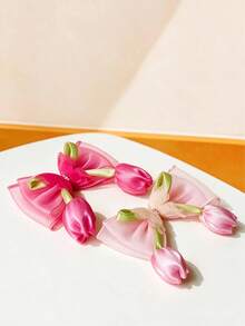 4/2pcs Girls Multi-Color Tulip Flower Bow And Triple Layer Mesh Rhinestone Butterfly Combination Hair Clips, Cute And Sweet Back Of Head Hair Accessories Suitable For Daily Wear, Outings, Vacations, Parties, Dates And Other Occasions, Women's Hair Accessories - Multicolor - View 5