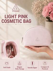 3CE Sanxi Jade Light Pink Makeup Bag, Soft Light Pink Fabric, Zipper Closure, Large Capacity, Lightweight And Soft, Multi-Functional Storage, Portable For Commuting, Travel, And Home Use - Pink - View 3