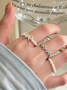 3pcs/Set Minimalist Bow Faux Pearl Elastic Cord Women's Ring Set, Stackable, Perfect For Daily Wear, Party, Holiday, Birthday, Best Gift Choice - Silver - View 2
