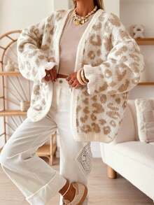 Women's Colorblock Leopard Print Jacquard Ruffle Cuff Autumn/Winter Casual Chic Lazy Versatile Knit Long Sleeve Cardigan - Multicolor - View 2