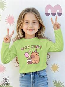 Girls Cotton Raglan Long Sleeve Tee, Autumn Winter Top With Cartoon Capybara Print, Cute Sweet Schoolgirl Style - Fruit Green - View 2