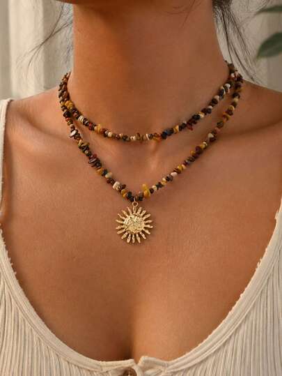 2pcs/Set Maillard Style Turquoise Beaded Sun Pendant Necklace Set, Casual Versatile Women's Neck Jewelry Suitable For Daily Wear And Party Outings, Turquoise Quantity, Shape, Size And Color Are Random