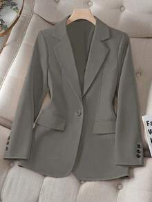 Women's Solid Color Lapel Long Sleeve Single-Breasted Casual Office Thin Jacket, Summer - Grey - View 2