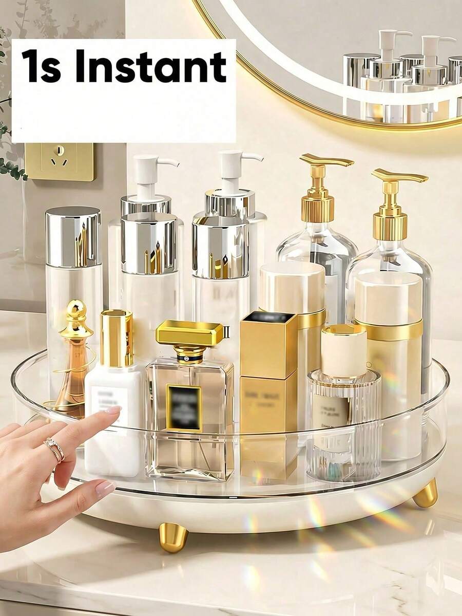 1pc Makeup Perfume Organizer No Fall Clear 360 Degree Rotating Lazy Susan For Girls Tidy Cosmetic Desk Storage Stand To Hold Essences Creams Lipsticks Lotions Display Case Round Tra Makeup Orginizer,Makeup Storage,Vanity Decor,Jewelry Tray