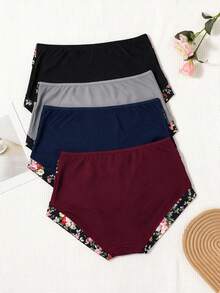4pcs Women's Contrast Color Floral Print Comfortable Plus Size Mid-Waist Triangle Panties - Multicolor - View 4