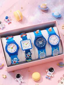 4pcs/Set Space Astronaut Children's Quartz Watch, Cartoon Silicone Strap, Elementary School Boys Fun Time Cognition Wristwatch Gift. Holiday Gift, Birthday Gift, Christmas Gift And Other Accessories - White - View 6