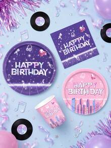 10pcs/20pcs/50pcs/80pcs Birthday Party Supplies, Pink & Purple Music City Theme Tableware Set, 7/9 Inch Paper Plates, 3.5 Inch Cups, 6.5 Inch Napkins, Happy Birthday Party Decorations, Party Tableware - Multicolor a - View 5