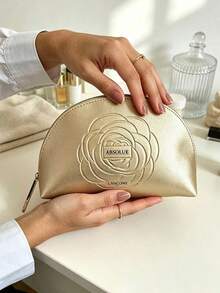 Lancôme Absolue Gold Embossed Rose Makeup Bag, Faux Leather Shell-Shaped Cosmetic Bag With Metal Logo Charm, Portable And Durable, Suitable For Personal Use And Gifting, LANCOME-GIFT-5 - Champagne - View 7