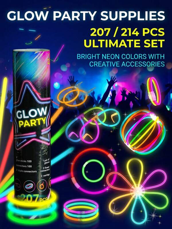 207 / 214pcs Glow Stick Party Set, Ultra Bright Glow Sticks, Lasts 10-12 Hours, DIY Bracelets, Necklaces, Earrings, Balls, Wine Glass Decorations, Party Lighting Gifts, Suitable For Weddings, Birthdays, Clubs, Concerts, Halloween, Christmas, Holiday Night Events