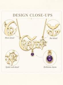 Personalized Gothic Custom Name Necklace, Halloween Bat & Moon Pendant, Customized Birthstone Gift - Multicolor - View 10