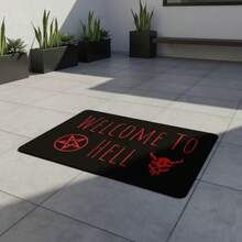 1件裝 暗夜儀式黑色底紅字「Welcome To Hell」手寫主題牛頭與紅星門墊 | 聚酯纖維材質，加厚黏合法蘭絨，0.4英吋厚，580g/Sqm，哥德風美學，適合門廊、入口、車庫 - 紅色 - 查看 7