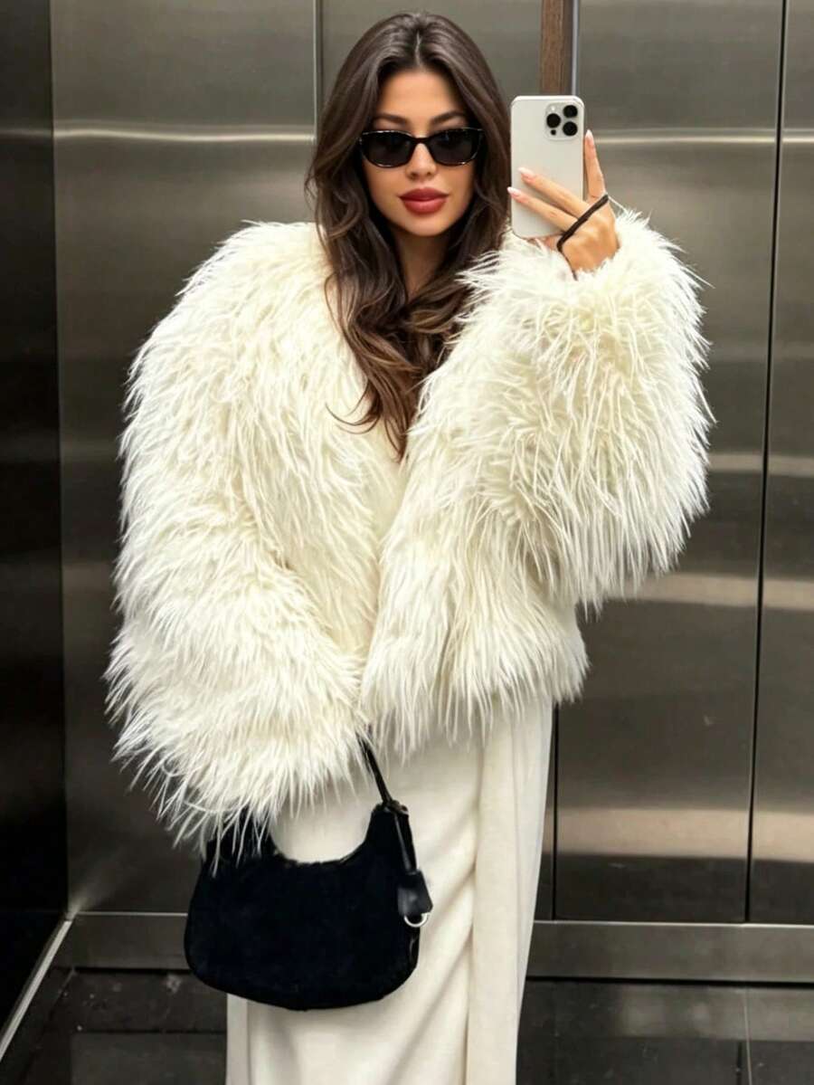 DEEKA Autumn/Winter New Fashionable Minimalist Faux Fur Long Sleeve Jacket Coat For Women White - White - View 1