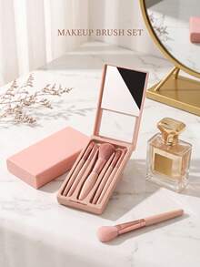 1 Set Personalized Travel Makeup Brush Set With Hard Shell Storage Box And Built-In Mirror, 5 Makeup Brushes, Suitable For On-The-Go Touch-Ups, Customizable Name, Great Gift - Multicolor - View 2