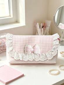 Lace Bow Pencil Case, Large Capacity Stationery Storage Bag With Detachable Pearl Pendant, Sweet Makeup Organizer, Back To School Gift For Teenage Girls - Multicolor - View 7