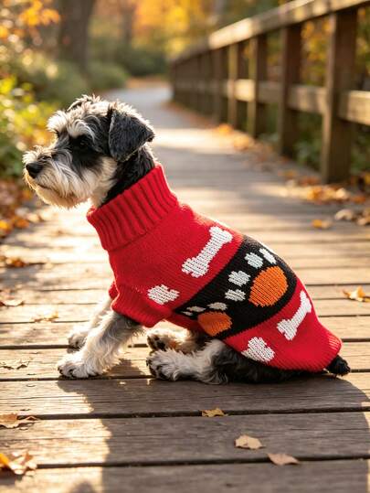 1pc Cute Paw Print & Bone Pet Cat Dog Fleece Sweater Winter Pet Clothing