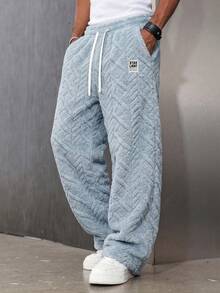 Men's Casual Sports Fleece Lounge Pants, Straight Leg, Drawstring Waist, Polyester Material, Casual Long Pants, Available In Multiple Colors, Unisex - Baby Blue - View 5