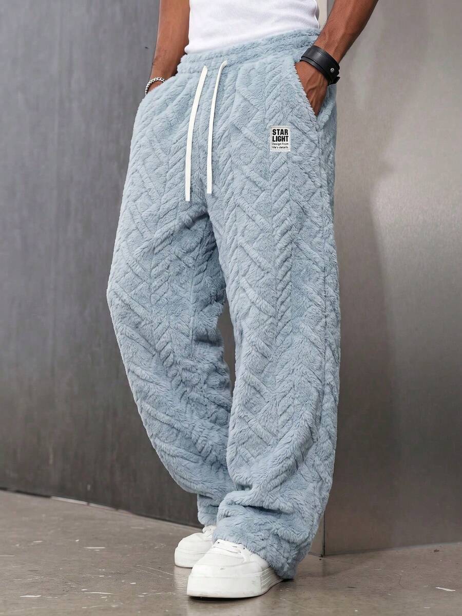 Men's Casual Sports Fleece Lounge Pants, Straight Leg, Drawstring Waist, Polyester Material, Casual Long Pants, Available In Multiple Colors, Unisex - Baby Blue - View 1