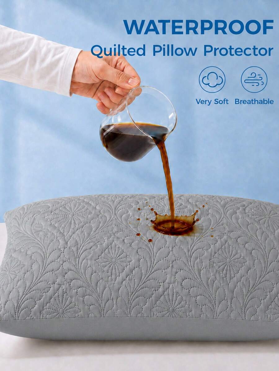 1/2/4pcs Waterproof Quilted Floral Embossed Pillowcase Protector, Soft Polyester Pillowcase With TPU Backing, Breathable Water-Repellent Pillowcase, Machine Washable Easy Care Bedroom Bedding, Standard/Queen/King Size - Grey - View 1
