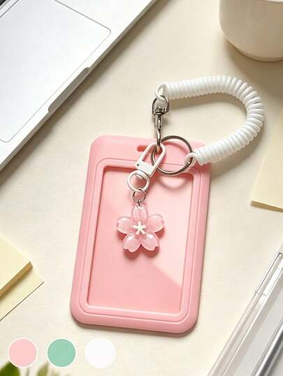 Solid Color Durable ABS Plastic Card Holder With Sliding Cover Design And Flower Pendant, Jelly Cherry Blossom Design, Durable And Fashionable Women's Accessory, Personalized Card Holder, Cute Women's Bag Charm Keychain, Cute And Practical Plastic Design Keychain, Campus Essential, Fashionable Keychain, Suitable For ID Cards, Credit Cards, Bus Passes And Keys, Back To School Season, Holiday Gift, Party Gift, Wedding Gift, Back To School Gift