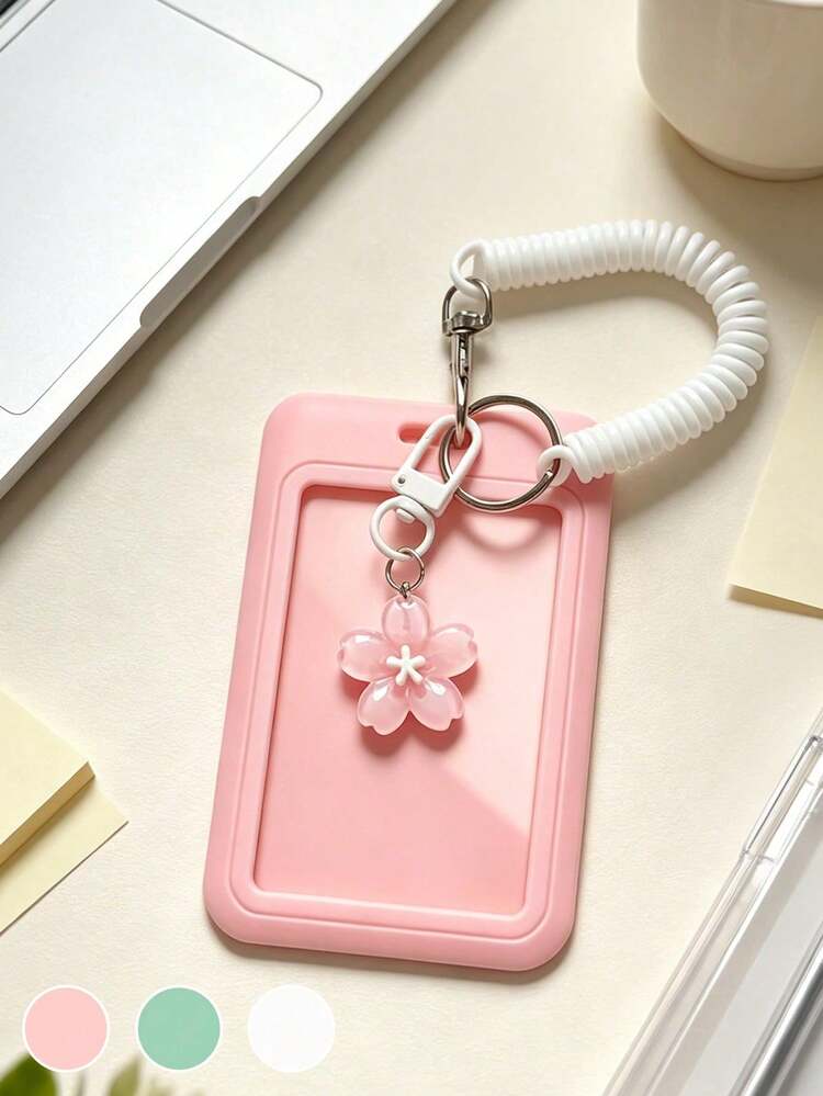 Solid Color Durable ABS Plastic Card Holder With Sliding Cover Design And Flower Pendant, Jelly Cherry Blossom Design, Durable And Fashionable Women's Accessory, Personalized Card Holder, Cute Women's Bag Charm Keychain, Cute And Practical Plastic Design Keychain, Campus Essential, Fashionable Keychain, Suitable For ID Cards, Credit Cards, Bus Passes And Keys, Back To School Season, Holiday Gift, Party Gift, Wedding Gift, Back To School Gift - Multicolor - View 4