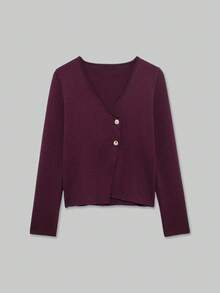 YROOE Women's Medium Magenta V-Neck Asymmetric Placket Diagonal Button Long Sleeve Cropped Knit Cardigan Autumn/Winter - Red Violet - View 2