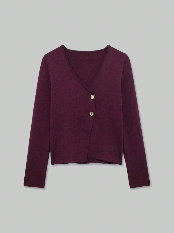 YROOE Medium Magenta V Neck Asymmetric Placket Slant Buttons Long Sleeve Cropped Knit Cardigan For Women Fall Winter