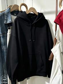 Women's Crew Neck Sweatshirt, Travel Hoodie With Pocket, Cotton T-Shirt, Basic Autumn-Winter Sweatshirt For Women - Black - View 2