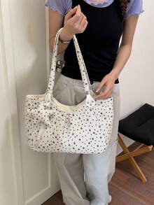 Tote Bag With All-Over Star Print Pattern, Star Pendant Accessory Decoration, Extended Shoulder Strap, Large Capacity Open Top Closure, Versatile Daily Bag For School, Work, Travel, Shopping, Commuting, Shoulder Large Bag - White - View 5