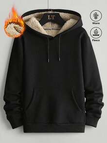 2pcs Men's Solid Color Warm Sweatshirt Set, Autumn/Winter Fleece Hooded Pullover & Long Sleeve Pants - Black - View 2