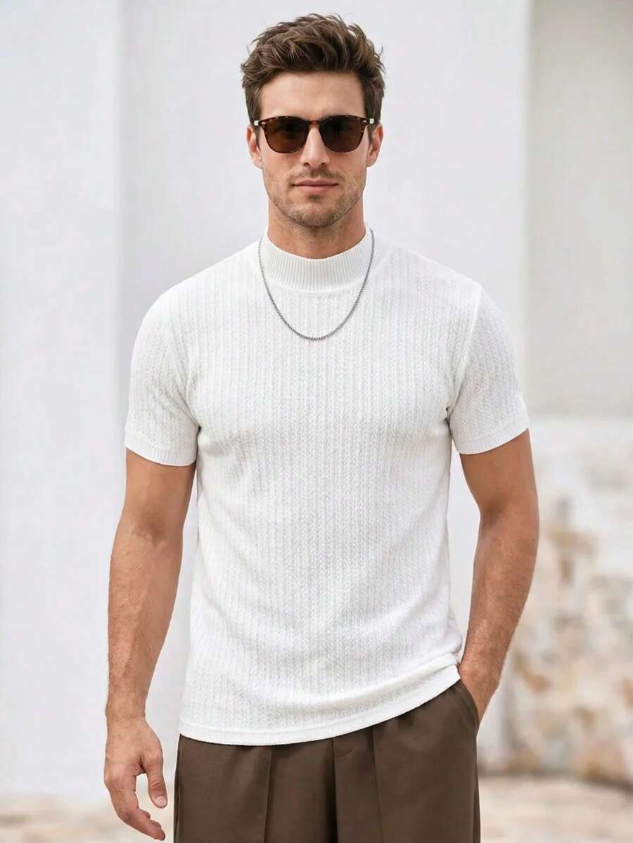 Mercer Haus 男士夏季時尚經典小立領微紋短袖T恤,適合主題活動與日常穿著 - 白色 - 查看 1
