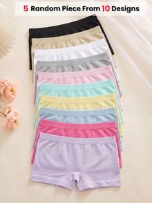 5pcs Girls Random Color Seamless Slip Shorts, Solid Basic Modesty Undershorts, Everyday Comfort Panties - Multicolor - View 2