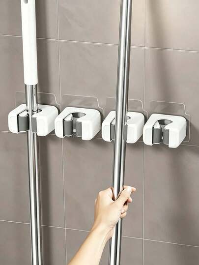 No-Drill Wall-Mounted Mop & Broom Holder - Strong Plastic Mop Storage Clip & Broom Hook, Space-Saving Vertical Storage, Suitable For Home, Kitchen, Bathroom (No Screws/Self-Installation) - Modern Cleaning Practical Hook