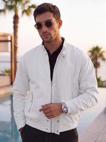 Men's Pure White Stand Collar Bomber Jacket, Elastic Hem Zipper Pockets Casual Short Jacket - White - View 3