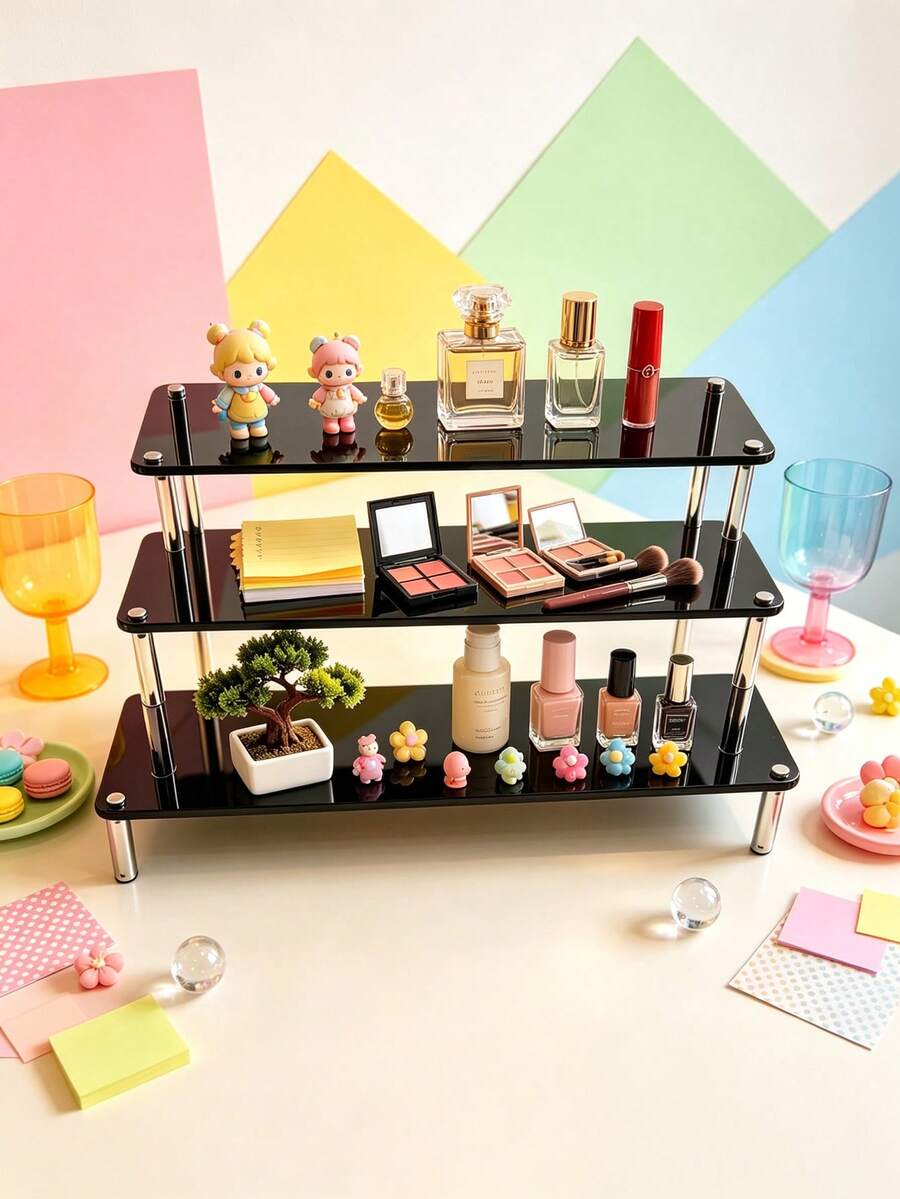 Black Glossy Mirror Acrylic Tiered Display Stand, Transparent Cylindrical Support Desktop Storage Rack, Suitable For Figurines, Cosmetics, Jewelry, Perfume Storage, Bedroom Room Decor, Halloween Display Stand, Practical Storage Supplies - Multicolor - View 1