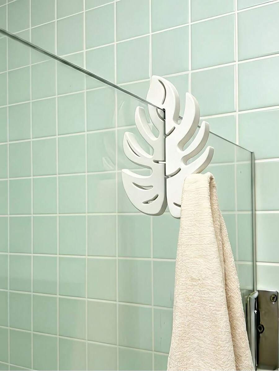 1pc Black & White Monstera Leaf Towel Hook, No Drilling, Waterproof, Rust-Proof, Space-Saving, ABS Plastic, Hot-Selling, Tropical Minimalist Style, Shower Glass Door Hook, Can Hang Towels And Bathrobes