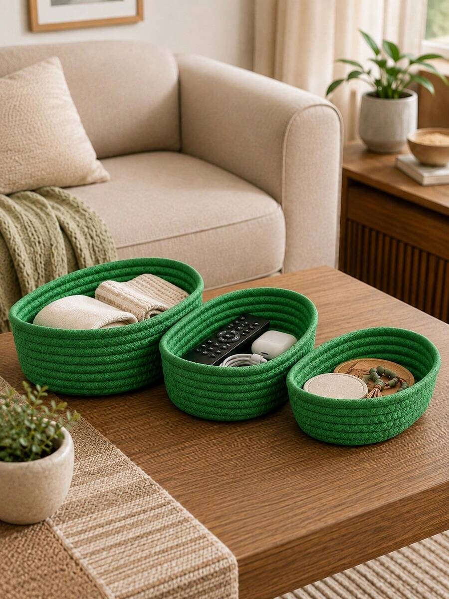 1pc/3pcs Large Capacity Oval Hand-Woven Storage Basket, Bohemian Style Woven Rope Storage Bucket, Suitable For Kitchen, Bathroom, Bedroom, Living Room, Dorm, Desk, Vanity, Multi-Functional Decorative Home Storage Basket, Can Store Snacks, Toiletries, Cosmetics, Toys And Miscellaneous Items - Green - View 1