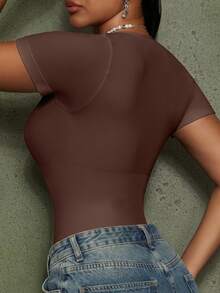 1pc Women's Solid Color Body-Shaping Jumpsuit, Tummy Control, Waist Shaping, Slimming Jumpsuit - Brown - View 10