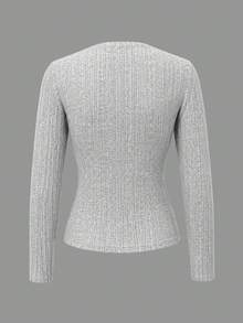 Women's Ribbed Knit V-Neck Long Sleeve Cropped Top, Fashionable Knit Winter Blouse, Comfortable For Daily Wear As Inner Layer Or Outerwear - Grey - View 8